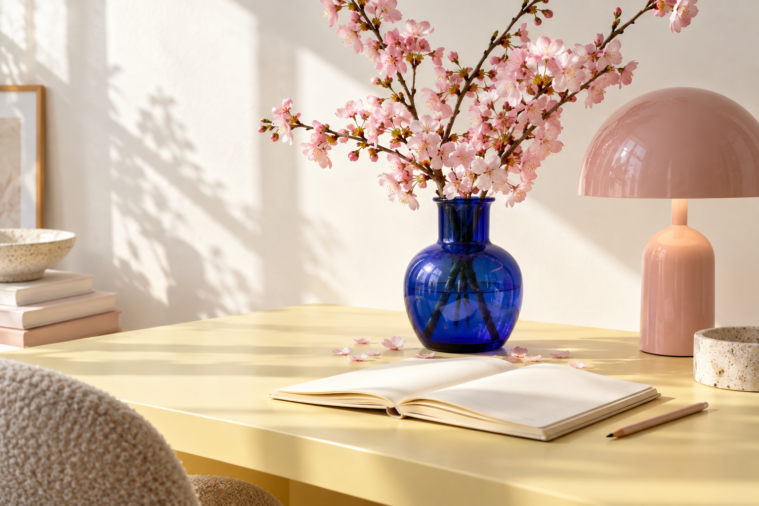 A sunlit workspace with a blue vase of pink blossoms, a notebook, and a pink desk lamp